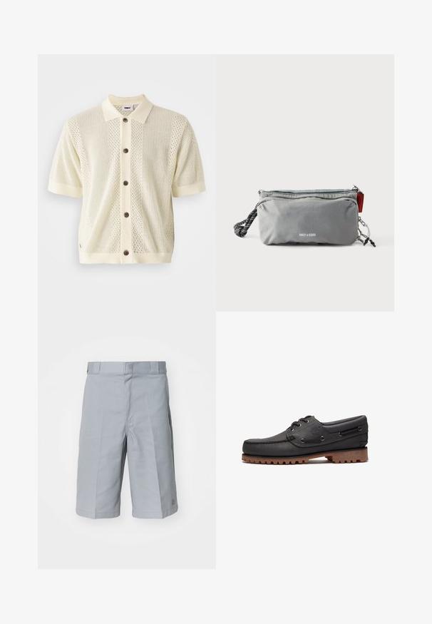 Kortærmet strikket cardigan i lys gul med en kontrastfarvet ensfarvet krave, fem brune knapper og teksturerede mønstre på forsiden.; Lys grå shorts lavet af slidstærkt stof, med lige snit, en talje med bæltestropper og diskrete plisseringer.; Sort læder bådsko med snøredetaljer, rund tå, struktureret brun gummisål og sydd læderside.; Grå rektangulær pung med lynlåse, sort-hvidt tovshåndtag på den ene side og teksten "ONLY & SONS" foran i centrum.