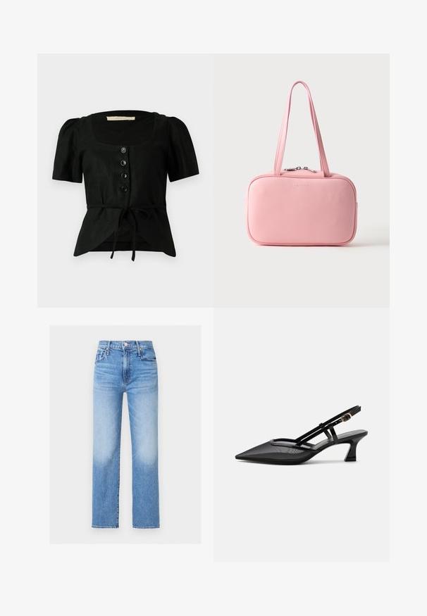 Zwarte linnen blouse met korte pofmouwen, vierkante halslijn, vijf zwarte knopen aan de voorkant en een strik in de taille. Getextureerde stof.; Blauwe denim jeans met hoge taille en rechte pijpen, voorzakken, riemlussen, knoop en vervaagde waseffecten op dijen en knieën.; Zwarte slingbackschoen met puntige neus, mesh bovenwerk, dunne bandjes, gouden gesp en lage gebogen hak op witte achtergrond.; Rechthoekige zachte roze handtas met dubbele bandjes en zilveren rits bovenaan, afgebeeld tegen een effen lichtgrijze achtergrond.