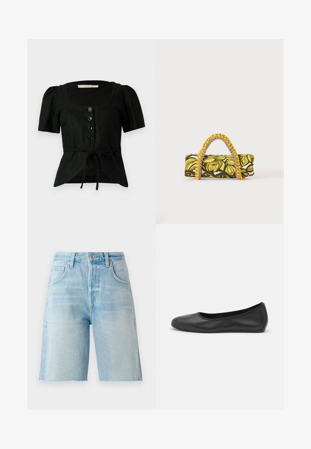 Zwarte linnen blouse met korte pofmouwen, vierkante halslijn, vijf zwarte knopen aan de voorkant en een strik in de taille. Getextureerde stof.; Lichtblau denim shorts met een hoge taille, vijf zakken en een ruwe zoom. Zachte textuur en klassieke snit, geschikt voor casual kleding.; Zwarte leren ballerina met een ronde neus, gladde textuur, minimale stikdetails en een flexibele zoolontwerp.; Rechthoekige tas met geel-zwart bloemenpatroon en gevlochten geel-roze handvat op witte achtergrond.