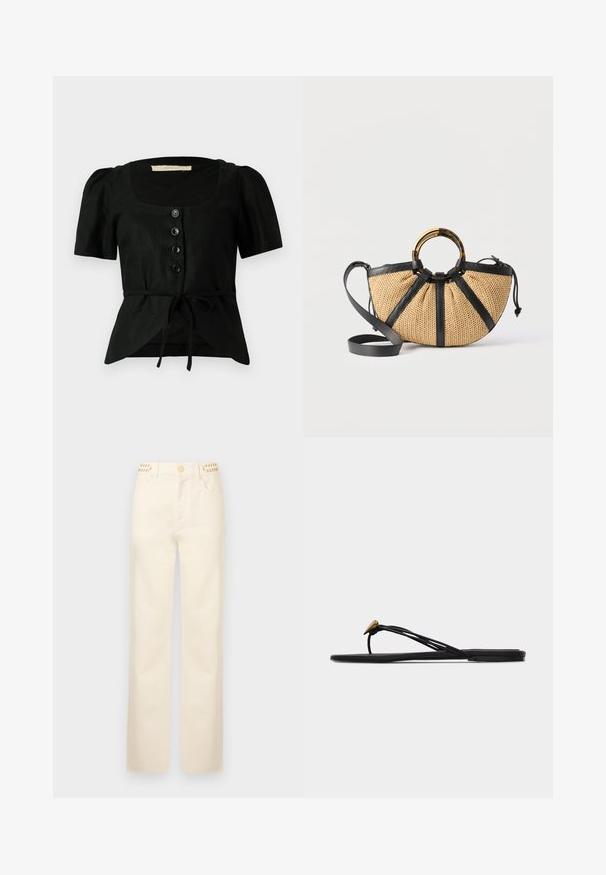 Zwarte linnen blouse met korte pofmouwen, vierkante halslijn, vijf zwarte knopen aan de voorkant en een strik in de taille. Getextureerde stof.; Rabanne Straight leg jeans - off white denim; Zwarte platte teensandaal met meerdere dunne bandjes en een kleine gouden druppelvormige decoratie op het voorste bandje.; Gevlochten handtas met zwarte leren rand, een ronde gouden en schildpadkleurige handgreep, en een afneembare zwarte leren schouderriem.