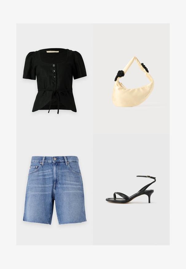 Zwarte linnen blouse met korte pofmouwen, vierkante halslijn, vijf zwarte knopen aan de voorkant en een strik in de taille. Getextureerde stof.; Lichtblauwe denimshorts met een recht model, verbrokkelde zoom, vijf zakken en sluiting met een metalen knoop. De stof heeft een gladde textuur met een lichte vervaging.; Zwarte leren dames sandaal met dunne bandjes, een teengreep, een enkelgesp en een stilettohak van gemiddelde hoogte op een neutrale achtergrond.; Crèmekleurige satijnen schoudertas met twee zwarte gevlochten knopen aan de riem en een zichtbare ritssluiting.