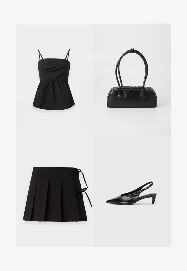 Top peplum noir avec bretelles spaghetti ajustables, texture lisse, corsage ajusté, bas évasé et sans aucune quincaillerie visible.; Jupe plissée noire avec des liens sur les côtés, fabriquée dans un tissu à la texture lisse ; elle présente un design structuré et des lignes épurées.; Escarpin à bride arrière en cuir noir avec un bout pointu, un petit talon et une sangle à boucle réglable. Texture lisse avec un minimalisme dans les détails.; Sac à main en cuir noir avec deux anses allongées, fermeture éclair et forme arrondie ; texture lisse avec une finition légèrement brillante.