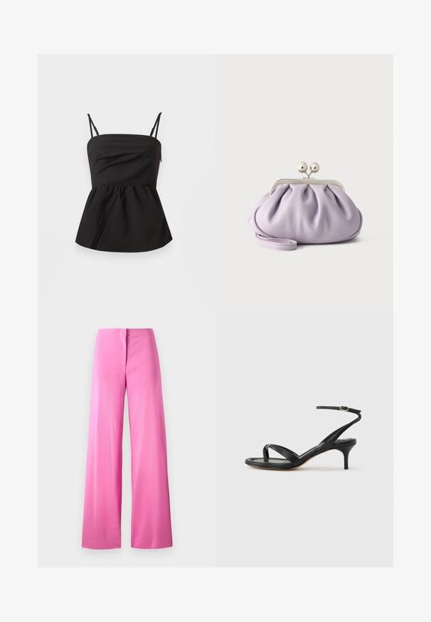 Top peplum noir avec bretelles spaghetti ajustables, texture lisse, corsage ajusté, bas évasé et sans aucune quincaillerie visible.; Pantalons larges roses en tissu lisse avec une taille haute, une fermeture à l'arrière et un design minimaliste sans motifs supplémentaires.; Sandale pour femme en cuir noir avec fines lanières, une boucle d'orteil, une boucle à la cheville et un talon aiguille de hauteur moyenne sur un fond neutre.; Pochette lavande douce avec tissu froncé, fermoir kiss-lock argenté et bracelet assorti sur un fond clair uni.