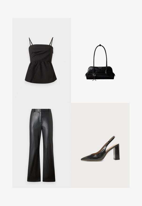 Top peplum noir avec bretelles spaghetti ajustables, texture lisse, corsage ajusté, bas évasé et sans aucune quincaillerie visible.; Pantalons en cuir noir avec une texture lisse, design à jambes larges et une taille mi-haute dotée de passants de ceinture et de poches avant.; Chaussure slingback en cuir noir à bout pointu avec un talon bloc haut et une doublure intérieure beige sur un fond clair uni.; Sac à épaule en cuir noir à texture crocodile, avec de longues sangles et un petit charm logo argenté sur une sangle.