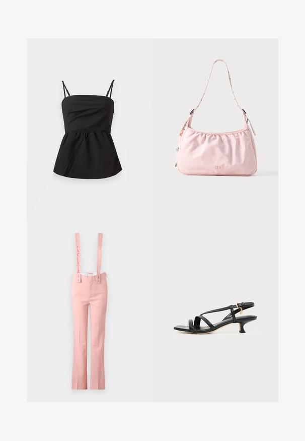 Zwarte peplumtop met verstelbare spaghetti-schouderbanden, een gladde textuur, een getailleerde lijfje, een uitlopende onderkant en zonder zichtbare hardware.; Roze broek met wijde pijpen en verstelbare bretels; de bretelbanden zijn voorzien van geborduurde tekst; gemaakt van een gladde stof.; Zwarte leren sandaal met smalle bandjes, lage kittenhak, enkelriempje en een klein gouden hangertje tegen een effen lichte achtergrond.; Lichtroze schoudertas met verstelbare band, gerimpelde bovenrand, ritssluiting en klein reliëflogo middenvoor.