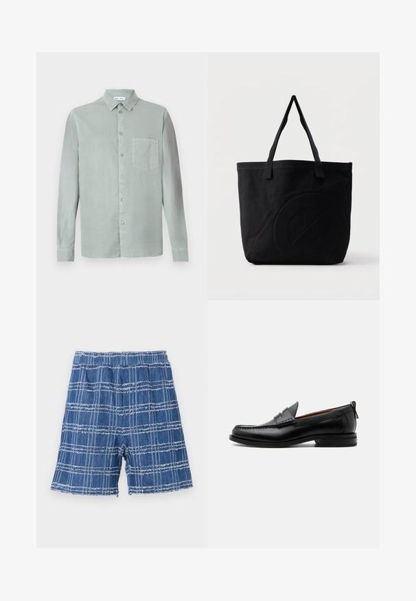 Hellgrünes Langarmhemd mit Button-Down-Kragen, frontaler Tasche und leicht strukturiertem Stoff. Verfügt über passende Knöpfe.; Denim-Shorts mit fransigem Saum, die ein blaues Karomuster aufweisen. Elastischer Bund, gerader Schnitt und weiche Textur.; Schwarzer Leder-Herrenschuh mit Mokassinnaht, Penny-Riemen, strukturiertem Kragen und niedrigem gestapeltem Absatz auf weißem Hintergrund.; Schwarze Canvas-Shopper-Tasche mit zwei Schulterriemen und einem dezenten, eingeprägten kreisförmigen Design auf der Vorderseite.