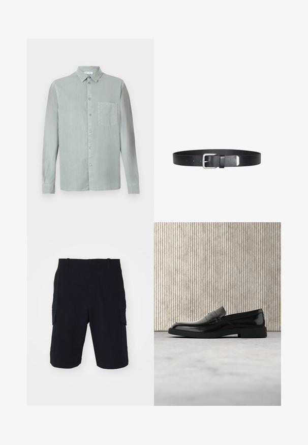 Lys grøn langærmet skjorte med knap-til-krave, brystlomme og en let tekstureret stof. Har matchende knapper.; rag & bone CADE - Shorts - black; Sort poleret læderloafer flydende over beige tæppe med orange gennemsigtigt møbel i baggrunden.; Sort læderbælte med spænde og bæltestrop i sølvmetal, vist fladt med fem synlige justeringshuller.