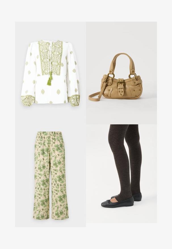 Blusa blanca con bordado floral verde, escote con abertura en forma de llave y borlas, y mangas largas fruncidas con puños a juego.; Pantalones de pierna ancha con estampado floral y cintura elástica; presentan hojas verdes sobre un fondo beige y un acabado de tela texturizada.; Piernas con leggings oscuros acanalados combinados con bailarinas negras que presentan pequeños detalles de lazo sobre un fondo blanco.; Bolso de cuero beige con doble asa, hebilla y remaches de latón, y una correa de hombro ajustable sobre un fondo blanco.