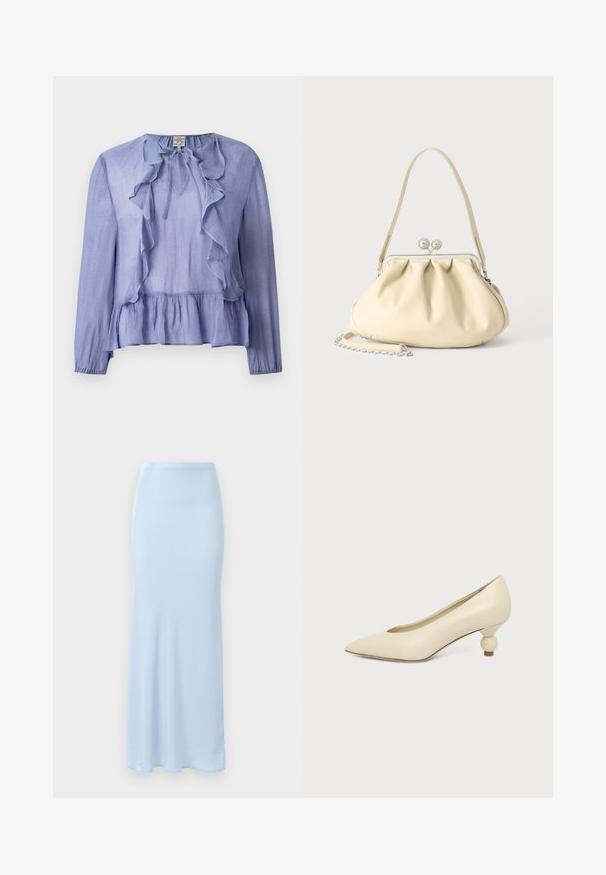 Blouse à manches longues bleu clair avec un col froncé et un ourlet peplum, fabriquée dans un tissu texturé, dotée d'un détail à nouer au col.; Jupe en satin bleu clair, longue jusqu'au sol, avec une taille ajustée et une légère évasement en bas sur un fond blanc.; Chaussure femme couleur crème à bout pointu avec un petit talon rond en forme de boule, sur fond uni.; Sac à main en cuir souple couleur crème avec un design froncé, fermoir cadre argenté, poignée courte et bandoulière chaîne amovible.