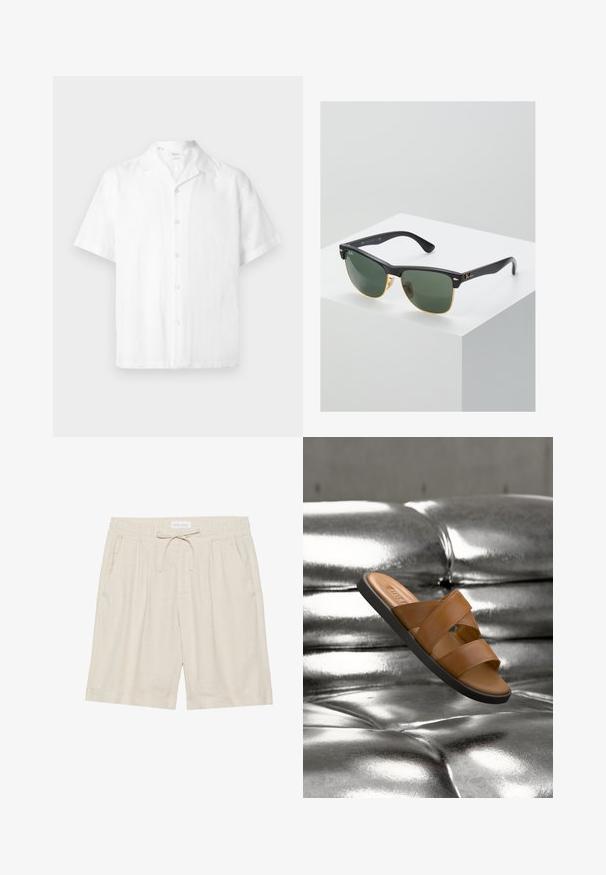 Chemise blanche à manches courtes boutonnée avec col camp, fabriquée en tissu léger, présentée sur un fond uni.; Shorts en lin beige avec taille élastique, cordon de serrage et poches latérales. Coupe décontractée avec jambe droite et ourlet retourné.; Sandale slide en cuir marron avec deux larges brides et une semelle noire flottant au-dessus d'une surface capitonnée argent métallique brillante.; Lunettes de soleil Ray-Ban avec des verres verts, monture en plastique noir et accents dorés sur les bords. Forme carrée avec une finition mate.