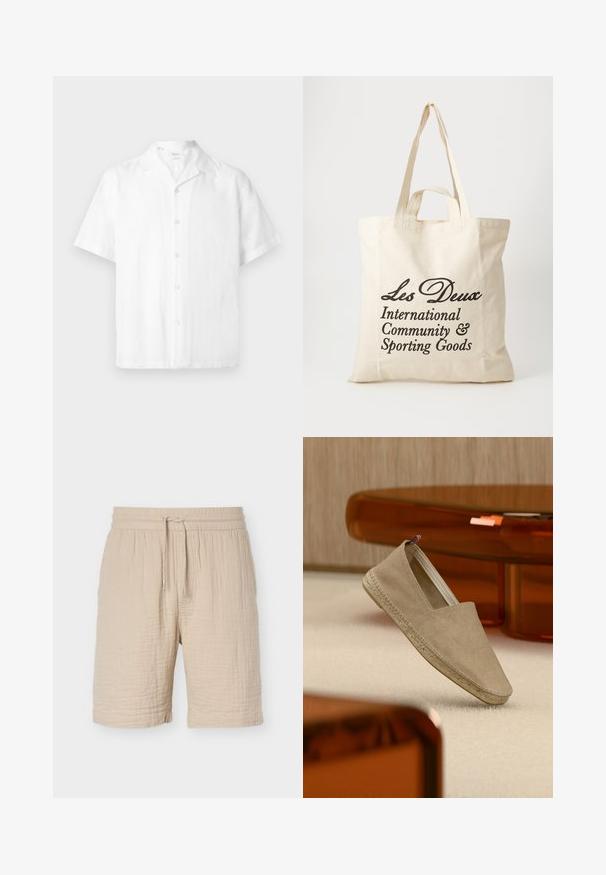Chemise blanche à manches courtes boutonnée avec col camp, fabriquée en tissu léger, présentée sur un fond uni.; Short beige en mélange de coton avec taille élastique, cordon ajustable, tissu texturé et ourlet au genou.; Espadrille en toile beige avec semelle tressée et petite languette tricolore sur le talon, posée sur un tapis clair avec un mobilier teinté d'ambre en arrière-plan.; Sac tote en coton beige avec deux poignées robustes. Présente un texte imprimé en noir : "Les Deux International Community & Sporting Goods."