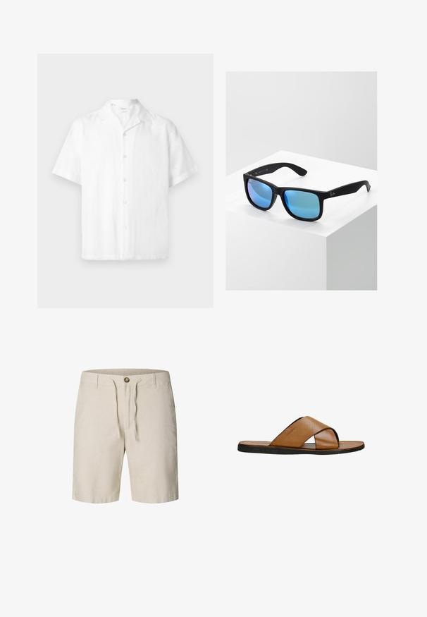 Chemise blanche à manches courtes boutonnée avec col camp, fabriquée en tissu léger, présentée sur un fond uni.; Short beige longueur genou avec fermeture à bouton, cordon de serrage, passants pour ceinture et coupe droite.; Sandale à glissière en cuir marron avec un design de bride croisée perforée, semelle plate en caoutchouc noir et doublure intérieure lisse.; Lunettes de soleil noires rectangulaires avec des verres miroir bleus. Présentent une finition mate et le logo Ray-Ban sur les branches.