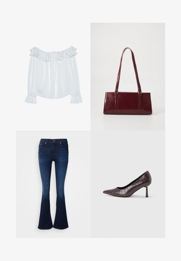 Blouse blanche à épaules dénudées en tissu lisse, ornée d'un col froncé, d'un devant à cordon et de manches élastiquées à poignets.; Jean en denim bleu foncé évasé avec une texture lisse, design à cinq poches et fermeture à bouton. Présente un éclaircissement progressif vers l'ourlet.; Escarpins à bout pointu en similicuir marron avec une texture crocodile, dotés d’un talon fin et angulaire ainsi que d’une doublure intérieure lisse.; Sac à main bordeaux en matériau brillant, de forme rectangulaire, avec deux anses et des accents légèrement courbés à l'avant.