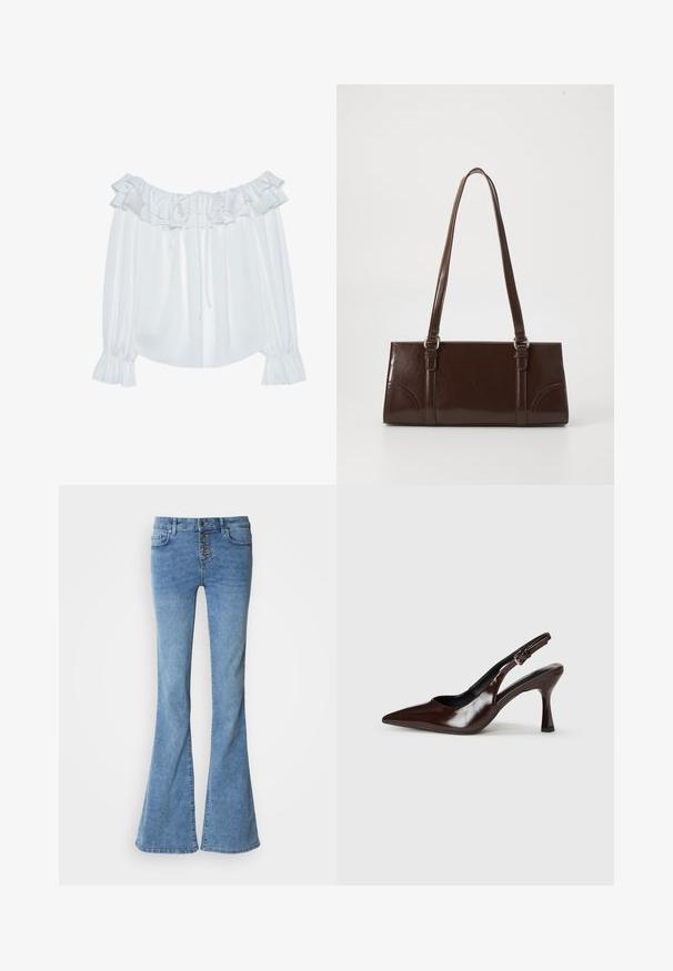 Blouse blanche à épaules dénudées en tissu lisse, ornée d'un col froncé, d'un devant à cordon et de manches élastiquées à poignets.; Jean en denim bleu évasé avec une taille haute et une fermeture à cinq boutons. Comprend des poches avant et une texture délavée.; Talons slingback en cuir verni brun avec un bout pointu, un talon fin, et une sangle réglable avec une petite boucle.; Sac à main en cuir verni marron de forme rectangulaire, avec deux longues poignées et des accents courbés subtils à l'avant.