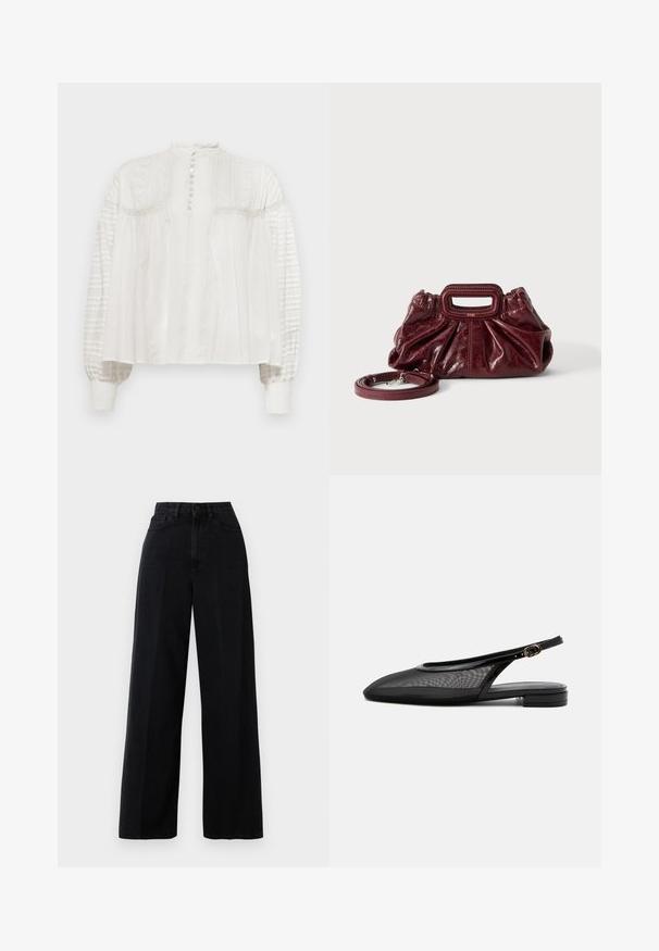 Blouse blanche à col montant, fermeture à boutons, devant texturé et manches bouffantes avec tissu plissé et poignets élastiques.; Jean noir à jambes larges en denim, avec une taille haute, des poches avant et une fermeture à bouton. Le tissu a une texture lisse.; Chaussure plate noire à bride arrière, bout pointu, tige en mesh, bride à boucle réglable et petit talon empilé sur fond blanc.; Petit sac à main en cuir rouge foncé avec texture froncée, poignée rectangulaire découpée pour la main et bandoulière détachable sur fond blanc.