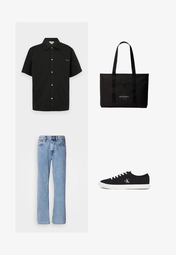 Camisa negra de manga corta hecha de algodón, con cierre de botones en la parte delantera, un bolsillo en el pecho y un pequeño logotipo cerca del bolsillo.; Jeans de mezclilla azul claro con un diseño de pierna recta, cinco bolsillos y cierre de botón. Detalles de costura cerca de los bolsillos y la cintura.; Zapatilla negra de corte bajo con cordones y suela blancos, con el logo "cK" en el lateral, presentada sobre un fondo blanco.; Bolso tote negro de Calvin Klein con dos asas largas y bolsillo delantero, con el logo de la marca en blanco y gris.
