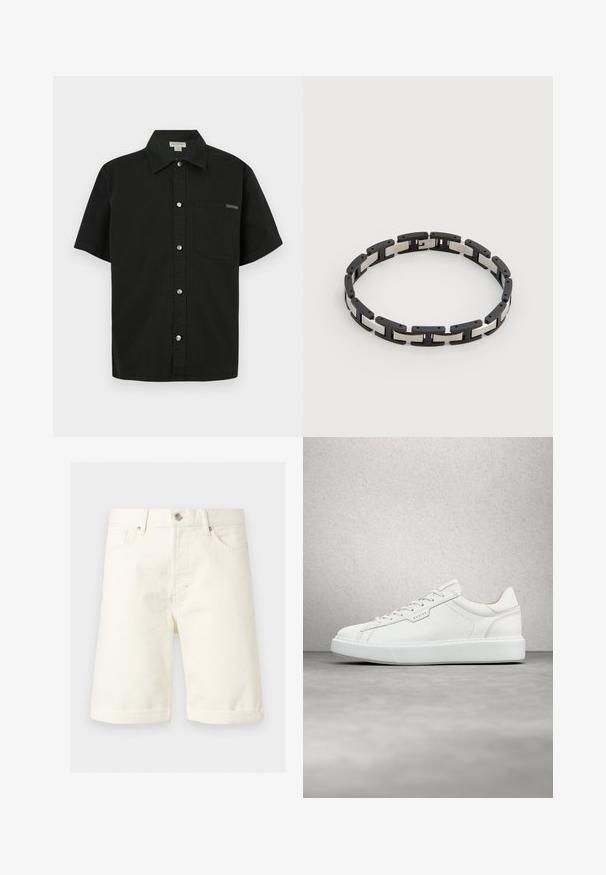 Sort kortærmet shirt lavet af bomuld, med knaplukning foran, en enkelt brystlomme og et lille logo nær lommen.; Creamfarvede denim shorts til knæet med forlommer, bæltestropper, knaplukning og foldede kanter.; Hvide lædersneakers med rund tå, flad snørebåndslukning og grå gummisål. Har diskrete syninger og et logoplacering.; Sort og sølvfarvet metalarmbånd med rektangulære segmenter og en lås, vist på en ensartet lys baggrund.