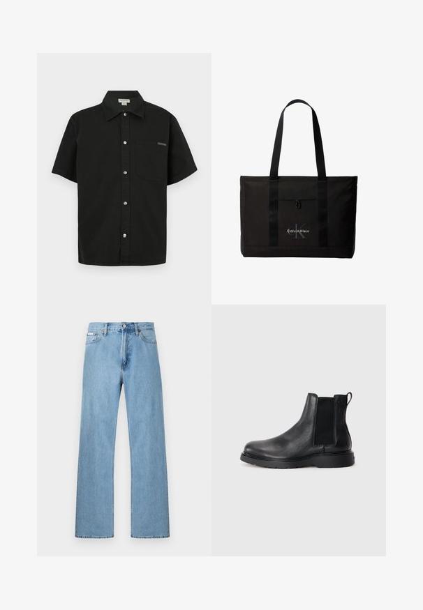 Sort kortærmet shirt lavet af bomuld, med knaplukning foran, en enkelt brystlomme og et lille logo nær lommen.; Lyseblå straight-leg jeans i denim med fem-lomme-design og knaplukning i taljen, vist mod en ensfarvet baggrund.; Sorte læder chelsea støvler med tekstureret finish, elastiske sidepaneler og en robust gummisål. Subtil branding på hælen.; Sort Calvin Klein tote taske med to lange håndtag og lomme foran, med mærkets logo i hvid og grå.