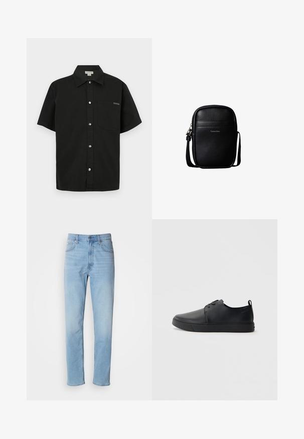 Schwarzes Kurzarmhemd aus Baumwolle mit Knopfleiste, einer einzelnen Brusttasche und kleinem Logo-Akzent in der Nähe der Tasche.; Hellblaue Jeans mit geradem Schnitt, fünf Taschen und Gürtelschlaufen. Der Stoff hat eine glatte Textur mit einem leichten Verblassungseffekt.; Schwarze Leder-Sneaker mit glatter Oberfläche, abgerundeter Zehenpartie, gleichfarbiger Nähte, schnürbarem Vorderteil und flacher Gummisohle. Schlaufe an der Ferse.; Schwarze kompakte Crossbody-Tasche aus strukturiertem Leder mit vorderer Naht und "Calvin Klein"-Logo, mit verstellbarem Schulterriemen.
