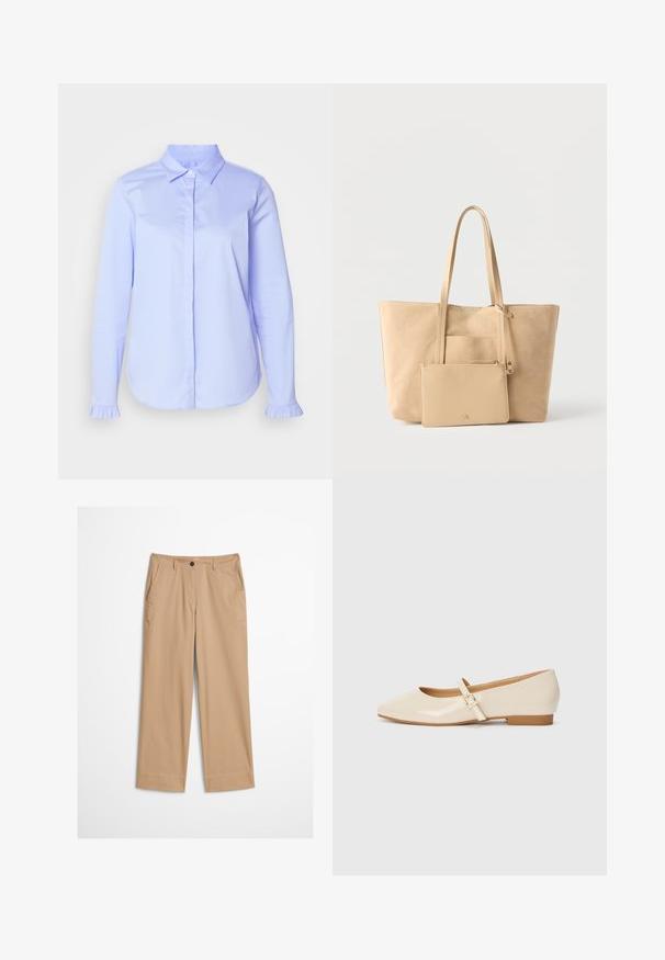 Chemise bleu clair à boutons en tissu lisse, avec un col classique et des détails froncés sur les poignets.; Pantalon beige en coton avec jambes droites, fermeture à bouton sur le devant et texture lisse. Comprend des passants de ceinture standard et un design à l'avant plat.; Ballerines en cuir verni beige avec un embout carré, un petit talon et une bride ajustable à la cheville avec une boucle dorée.; Sac fourre-tout en daim beige avec de longues poignées et une pochette assortie à fermeture éclair attachée, sur un fond blanc uni.