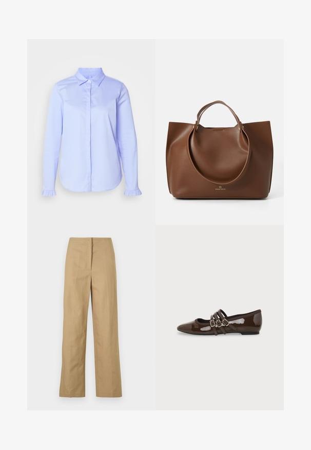 Chemise bleu clair à boutons en tissu lisse, avec un col classique et des détails froncés sur les poignets.; Pantalons beige à jambe droite avec une taille plate, des poches latérales et un tissu lisse et léger. Aucun motif visible ni détail en matériel.; Chaussure plate en cuir verni marron avec bout pointu et trois brides ajustables à boucle sur le côté, vue du profil extérieur.; Sac fourre-tout en cuir brun avec une texture lisse, de grandes poignées circulaires, présentant un design minimaliste et un logo embossé à la base.
