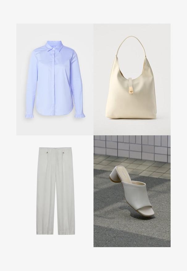Chemise bleu clair à boutons en tissu lisse, avec un col classique et des détails froncés sur les poignets.; Pantalons taille haute en gris clair, à jambes larges, fabriqués en tissu doux. Comprend deux plis avant, deux boutons de fermeture et une texture lisse.; Mule blanche à bout ouvert avec talon bloc sur sol pavé près d'un mur carrelé, inclinée pour montrer les vues latérale et supérieure.; Sac hobo en cuir couleur crème avec une seule bandoulière, texture lisse et un détail de fermoir doré à l'avant.