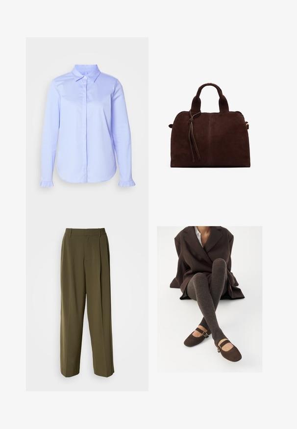 Chemise bleu clair à boutons en tissu lisse, avec un col classique et des détails froncés sur les poignets.; Pantalons à jambes larges vert olive en tissu lisse, dotés d'une taille haute, de plis sur le devant et de poches latérales pour plus de fonctionnalité.; Des chaussettes marron côtelées jusqu'aux genoux associées à des ballerines en daim marron de type Mary Jane avec une sangle décorative et une boucle, portées avec un manteau sombre.; Sac à main en daim marron avec deux poignées supérieures, un détail de nœud à l'avant et une couture contrastante. Texture douce et forme structurée.