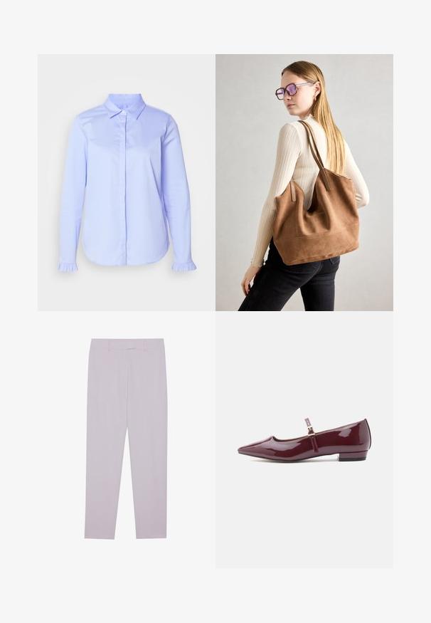 Chemise bleu clair à boutons en tissu lisse, avec un col classique et des détails froncés sur les poignets.; Pantalons violet clair en tissu lisse, dotés d'une coupe ajustée, de passants de ceinture et d'une coupe droite.; Ballerines vernies bordeaux avec un bout pointu, un talon plat et une bride avec un petit détail de boucle.; Sac fourre-tout en daim marron avec une texture douce, grande ouverture et longues sangles. Présente un design simple avec des coutures visibles et sans matériel.