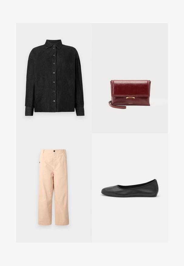 CLOSED CAPE SHIRT - Hemdbluse - mid grey; Beige Baumwoll-Cropped-Hosen mit geradem Schnitt, ausgestattet mit einem einzelnen Knopf an der Taille und seitlichen Taschen. Glatte Textur ohne Muster.; Schwarze Leder-Ballettschuhe mit abgerundeter Spitze, glatter Textur, minimalen Nähdetails und einem flexiblen Sohlen-Design.; Kleine burgunderfarbene Ledertasche mit Klappenverschluss, goldenem Akzent und Handgelenksriemen auf neutralem Hintergrund.