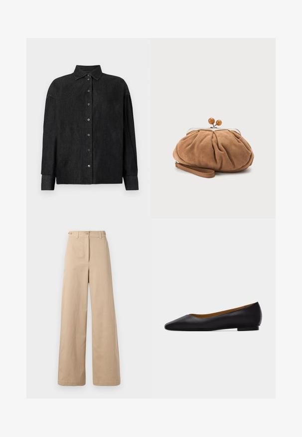 CLOSED CAPE SHIRT - Hemdbluse - mid grey; Beige weite Baumwollhosen. Sie verfügen über einen Knopf- und Reißverschluss mit zwei frontalen Taschen und einer glatten, matten Textur.; Schwarzer flacher Schuh aus Leder mit spitz zulaufender Vorderkappe, niedrigem Absatz und glatter Oberfläche, von der Seite vor einem hellgrauen Hintergrund dargestellt.; Kleine weiche braune Wildleder-Clutch mit gerafftem Stoff, Metallverschluss, Holzperlenakzenten und Handgelenkschlaufe vor weißem Hintergrund.