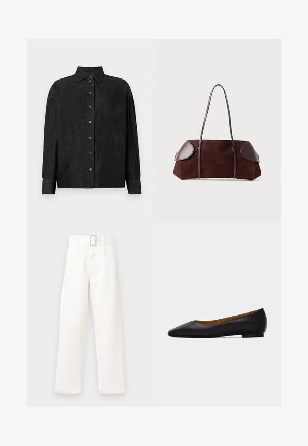 CLOSED CAPE SHIRT - Hemdbluse - mid grey; CLOSED Wide Leg - ivory; Schwarzer flacher Schuh aus Leder mit spitz zulaufender Vorderkappe, niedrigem Absatz und glatter Oberfläche, von der Seite vor einem hellgrauen Hintergrund dargestellt.; Braune Wildledertasche mit Lederakzenten, strukturiertem Design, doppelten Schulterriemen und abgerundeten Kanten, ausgestattet mit einer glatten Textur und minimalem Hardware.
