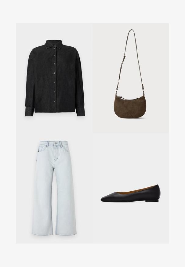CLOSED CAPE SHIRT - Skjortebluser - mid grey; Lysblå jeans med bred benedesign, lavet af denim. Funktioner fem lomme-stil, bæltestropper og knaplukning.; Sort læder flad sko med spids tå, lav hæl og glat finish, vist fra siden på en lysegrå baggrund.; Brun ruskind skuldertaske i halvmåneform med justerbar rem og lynlås, lille hvidt mærkelogo nederst i midten.