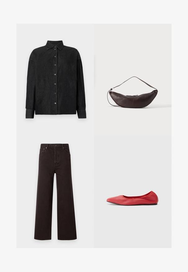 CLOSED CAPE SHIRT - Blúzka so zapínaním na gombíky - mid grey; Čierne široké rifle s vysokým pásom, vyrobené z džínsoviny. Majú päť vreciek a kovové gombíky, hladkú textúru a klasický dizajn.; Filippa K REY FLATS - Balerínky - bright red; Tmavohnedá kožená polmesiacová taška na rameno s oblúkovým pásikom a viditeľným prešitím na jednofarebnom pozadí.