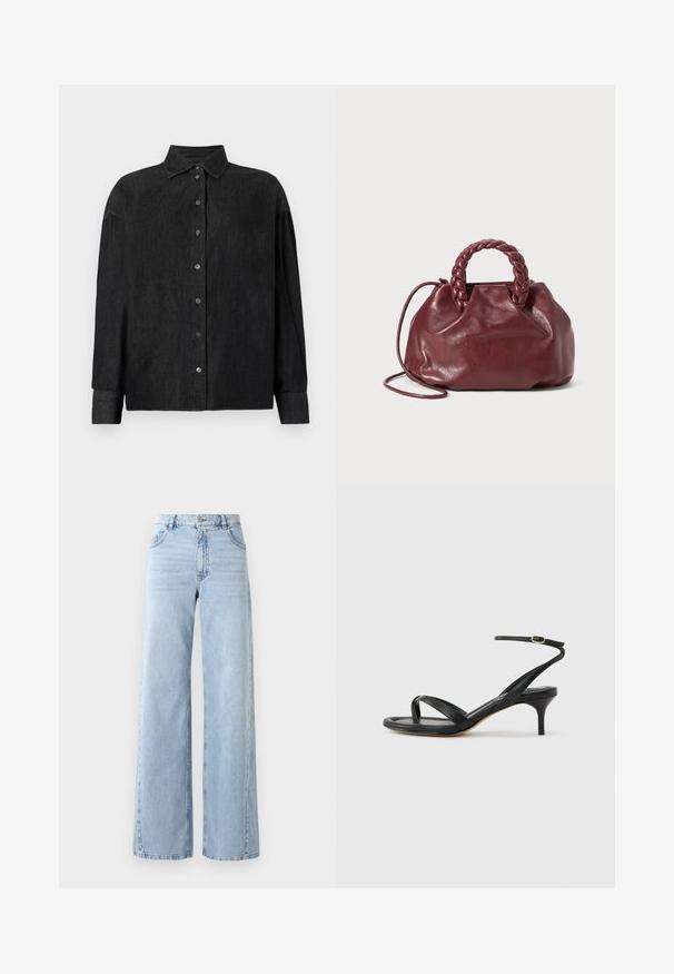 CLOSED CAPE SHIRT - Hemdbluse - mid grey; Weite helle blaue Jeans mit hoher Taille, fünf Taschen und ausgewaschenem Look. Verfügt über gesteppte Details und einen geraden Schnitt am Saum.; Schwarze Ledersandale für Damen mit dünnen Riemchen, einer Zehenlasche, einer Knöchelschnalle und einem mittelhohen Stöckelabsatz vor neutralem Hintergrund.; Burgunderfarbene Lederhandtasche mit geflochtenem Griff, weicher Textur und runder Form. Verfügt über einen abnehmbaren Schultergurt für vielseitige Tragemöglichkeiten.