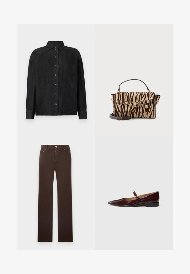 CLOSED CAPE SHIRT - Overhemdblouse - mid grey; Bruine jeans met rechte pijpen, gemaakt van een katoenmix, voorzien van een knoopsluiting, vijf zakken en strakke lijnen zonder patronen.; Bordeaux patentleren Mary Jane ballerina's met een spitse neus, platte hak en een decoratieve band met een ronde gespaccent.; Kleine rechthoekige handtas met bruine en beige zebrastripes, zwart handvat, gouden gesp en afneembare zwarte band.