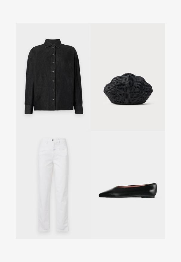 CLOSED CAPE SHIRT - Hemdbluse - mid grey; Weiße Denim-Jeans mit geradem Bein, fünf Taschen und einem vorderen Knopfverschluss. Glatte Textur mit dezenten Nahtdetails.; Schwarzer flacher Damenleder-Schuh mit spitzer Kappe und niedrigem Absatz, von der Seite auf einfarbigem hellgrauem Hintergrund gezeigt.; Schwarze Korbtasche in Muschelform mit gebogenem Oberteil und gewebter Textur auf einfarbigem Hintergrund.