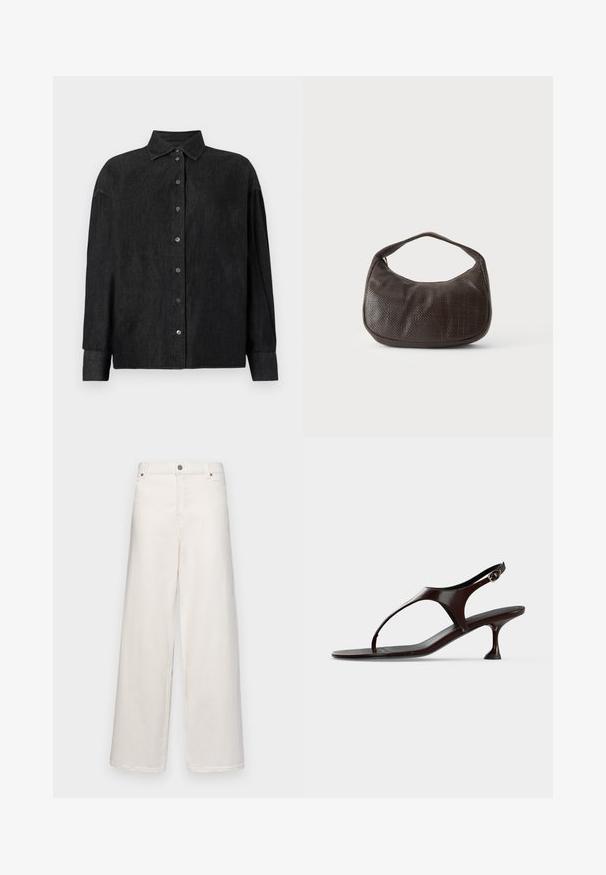 CLOSED CAPE SHIRT - Overhemdblouse - mid grey; Zijde-brede broek van crèmekleurige katoen. Heeft een knoopsluiting, riemlussen en twee voorkruiden. Soepele textuur met minimale details.; Donkerbruine lakleren slingbacksandaal met kittenheel en teenbandje op witte achtergrond.; Kleine donkerbruine gestructureerde handtas met korte band en afgeronde onderkant op een effen lichte achtergrond.