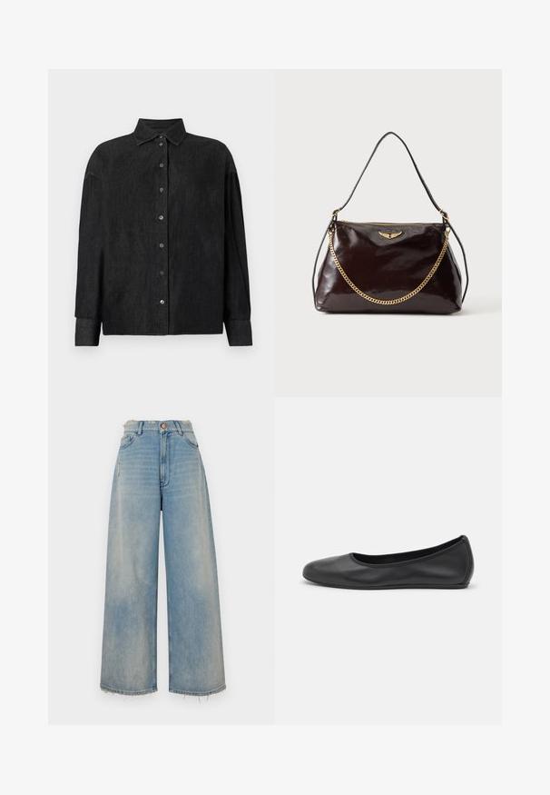 CLOSED CAPE SHIRT - Overhemdblouse - mid grey; Lichtblauwe denim wijde jeans met een rafelige zoom, vijf zakken en een knoopsluiting. Bevat lichte slijtage aan de voorkant.; Zwarte leren ballerina met een ronde neus, gladde textuur, minimale stikdetails en een flexibele zoolontwerp.; Donkerbruine glanzende leren handtas met een gouden vleugelembleem, gouden kettinkdetail en een dunne leren schouderriem op een effen achtergrond.