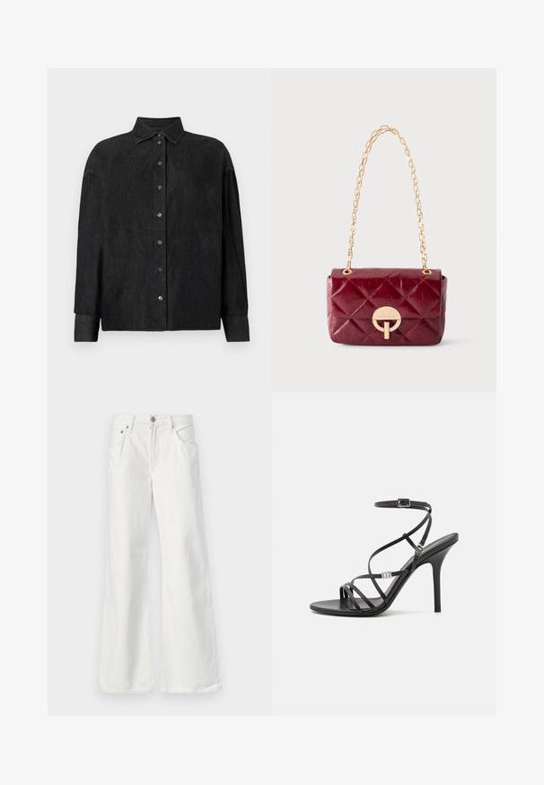 CLOSED CAPE SHIRT - Skjortebluser - mid grey; Hvide denim flared jeans med høj talje, fem-lomme design og synlig syning. Har metalknap og lynlås lukning.; Sort højhælet sandal med tynde stropper, en ankelspænde, en glat læderoverflade og en slank stilethæl.; Lille quiltet mørkerød læderhåndtaske med gyldent rundt lås og gyldenkæde på ensfarvet baggrund.