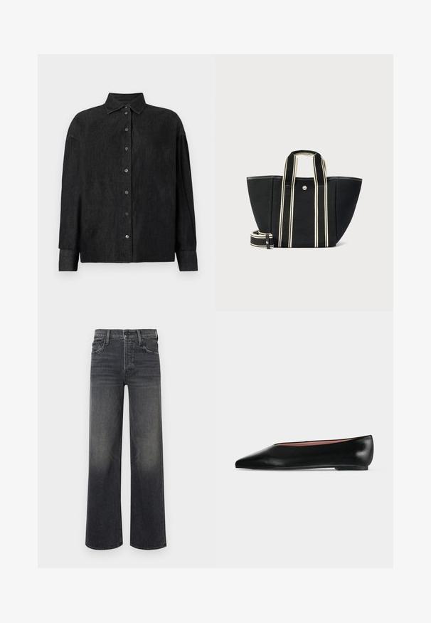CLOSED CAPE SHIRT - Hemdbluse - mid grey; Weite Jeans aus dunkelgrauem Denim mit einem dezenten Verblassungseffekt. Klassisches Fünf-Taschen-Design mit Gürtelschlaufen und sichtbaren Nähten.; Schwarzer flacher Damenleder-Schuh mit spitzer Kappe und niedrigem Absatz, von der Seite auf einfarbigem hellgrauem Hintergrund gezeigt.; Schwarze Tote-Bag mit breiten, cremefarben gestreiften Griffen und abnehmbarem Schultergurt, silberner Knopfverschluss, strukturierte rechteckige Form.
