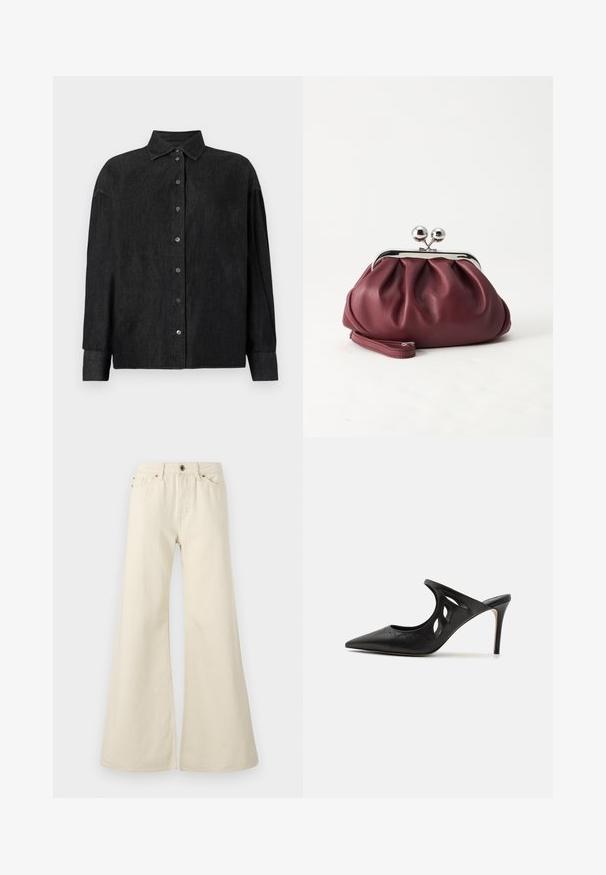 CLOSED CAPE SHIRT - Blúzka so zapínaním na gombíky - mid grey; Svetlo béžové rozšírené džínsy vyrobené z bavlny. Majú vysoký pás, päť vreciek a gombíkovú podpínku s kontrastným prešívaním.; Čierne kožené vysoké špičaté papuče s výrezmi po stranách a hladkou textúrou. Stiletto podpätok a jemný steh.; Malá bordová kožená kabelka so strieborným kovovým zapínaním a remienkom na zápästie na bielom pozadí.