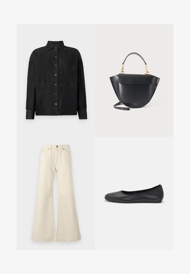 CLOSED CAPE SHIRT - Blúzka so zapínaním na gombíky - mid grey; Svetlo béžové rozšírené džínsy vyrobené z bavlny. Majú vysoký pás, päť vreciek a gombíkovú podpínku s kontrastným prešívaním.; Čierne kožené baleríny s okrúhlou špičkou, hladkým povrchom, minimálnym prešívaním a flexibilným dizajnom podrážky.; Čierna kožená kabelka s zaobleným dnom, krídlovými stranami, zlatým kováním, krátkou rukoväťou a odnímateľným dlhým popruhom, na jednofarebnom svetlom pozadí.