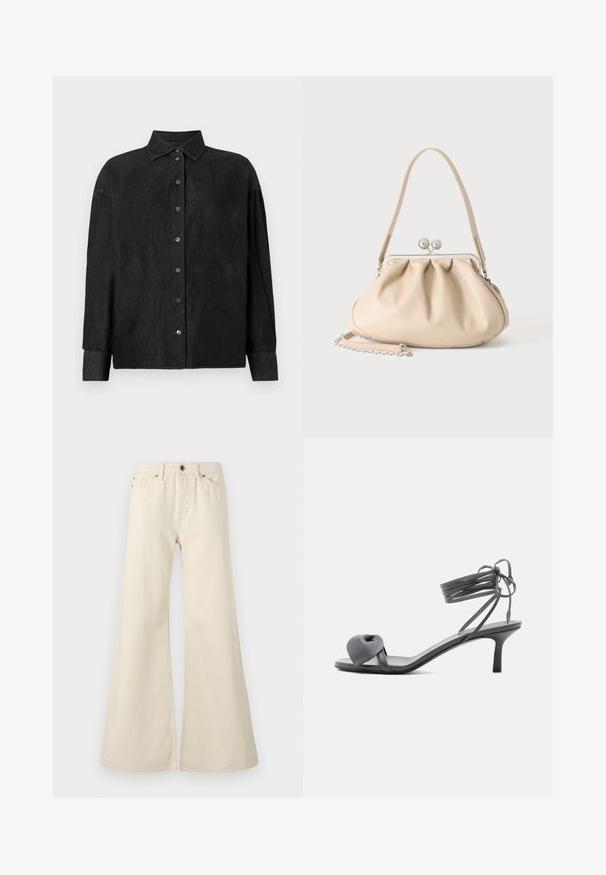 CLOSED CAPE SHIRT - Blúzka so zapínaním na gombíky - mid grey; Svetlo béžové rozšírené džínsy vyrobené z bavlny. Majú vysoký pás, päť vreciek a gombíkovú podpínku s kontrastným prešívaním.; Sivá kožená sandála na podpätku s uzlom na priehlavku a šnúrkami okolo členka na štíhlom stredne vysokom podpätku na bielom pozadí.; Béžová mäkká kožená kabelka so striebornou kovovou rámovou sponou, jedným ramenným remienkom a voliteľným retiazkovým remienkom na bielom pozadí.