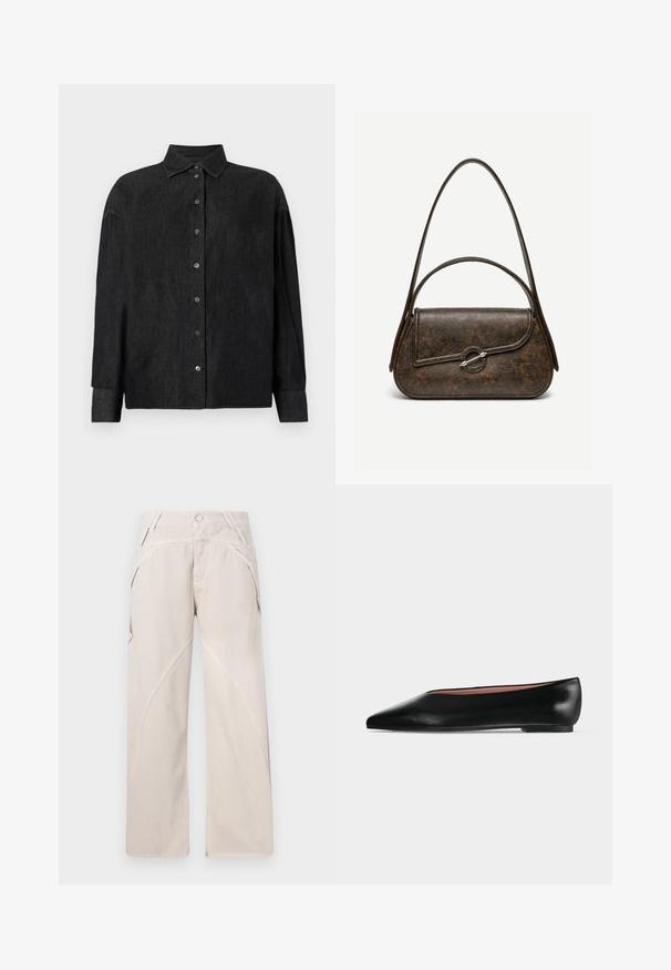 CLOSED CAPE SHIRT - Skjortebluser - mid grey; Beige brede bukser lavet af en bomuldsblanding, med buede sømdetaljer, knaplukning og sidelommer. Flad frontdesign.; Sort damesko i læder med flad hæl og spids tå, vist fra siden på en ensfarvet lys grå baggrund.; Mørkebrun tekstureret læderhåndtaske med to stropper, afrundet rektangulær form og sølvfarvet cirkulært låsespænde på frontklap.