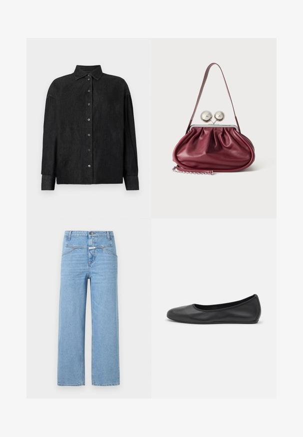 CLOSED CAPE SHIRT - Skjortebluser - mid grey; CLOSED STOVER - Jeans Relaxed Fit - light blue; Sort læderballetsko med rund tå, glat tekstur, minimal syning og et fleksibelt såldesign.; Lille bordeaux læderhåndtaske med rynkede detaljer, en tynd rem og en sølvspænde med to store runde knopper.