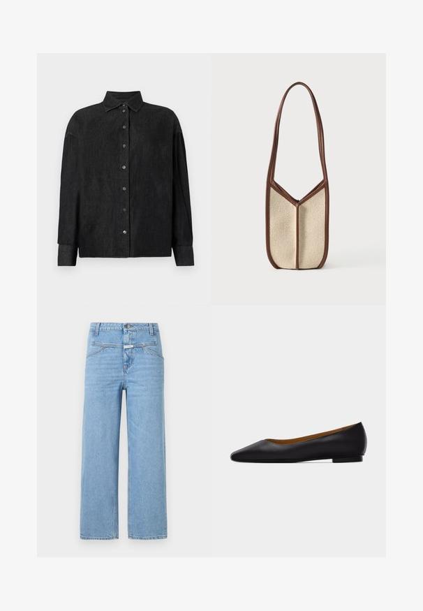 CLOSED CAPE SHIRT - Chemisier - mid grey; CLOSED STOVER - Jean boyfriend - light blue; Chaussure plate en cuir noir à bout pointu avec talon bas et finition lisse, vue de côté sur un fond gris clair.; Sac à bandoulière beige texturé avec garniture en cuir marron foncé et longue sangle, debout sur un fond clair uni.