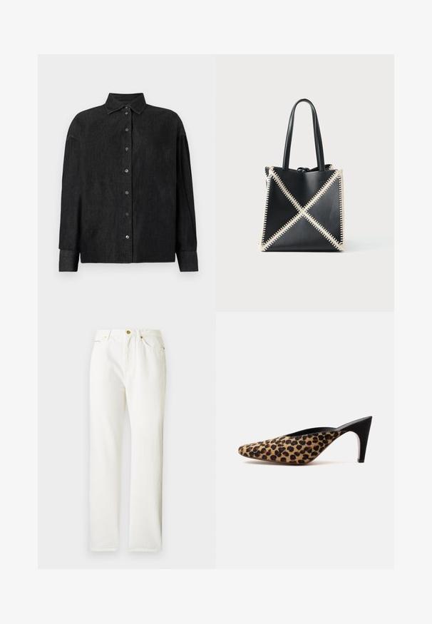 CLOSED CAPE SHIRT - Hemdbluse - mid grey; Weiße Jeanshose mit geradem Bein, ausgestattet mit einem Knopfverschluss vorne und subtiler Struktur. Enthält Seitentaschen und minimale Beschläge.; Spitz zulaufender Muleschuh mit Leopardenmuster am Obermaterial und schwarzem mittelhohem Stilettoabsatz auf schlichtem weißem Hintergrund.; Schwarze Leder-Tote mit cremefarbener Steppnaht, die ein X-Muster bildet. Verfügt über zwei schwarze Griffe und hat eine ungeformte Form.