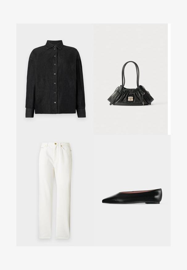 CLOSED CAPE SHIRT - Blusa - mid grey; Pantalones de mezclilla blancos con diseño de pierna recta, que presentan un cierre delantero de botón y una textura sutil. Incluyen bolsillos laterales y un hardware mínimo.; Zapato plano negro de cuero para mujer con punta puntiaguda y tacón bajo, mostrado de lado sobre un fondo liso gris claro.; Bolso de mano de cuero negro con parte superior fruncida, dos correas para el hombro, compartimentos con cremallera en los laterales y un cierre plateado etiquetado "Marc Jacobs" con un pequeño charm de llave.