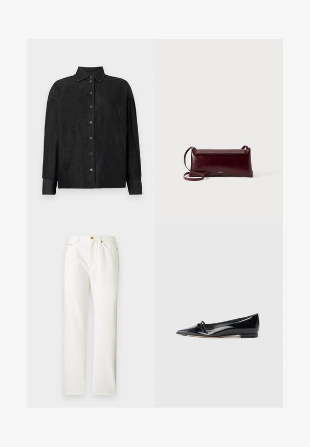 CLOSED CAPE SHIRT - Skjortebluser - mid grey; Hvide denimbukser med lige ben-design, der har lukning med knap foran og en subtil tekstur. Inkluderer sidelommer og minimalt hardware.; Sorte patentlæder flade sko med spids tå, lille dekorativ rem og lav blokhæl. Glat tekstur og strømlinet design.; Bordeaux læder crossbody taske med en glat tekstur, rektangulær form, flaplukning og en tynd justerbar rem. Guldlogo detalje synlig.