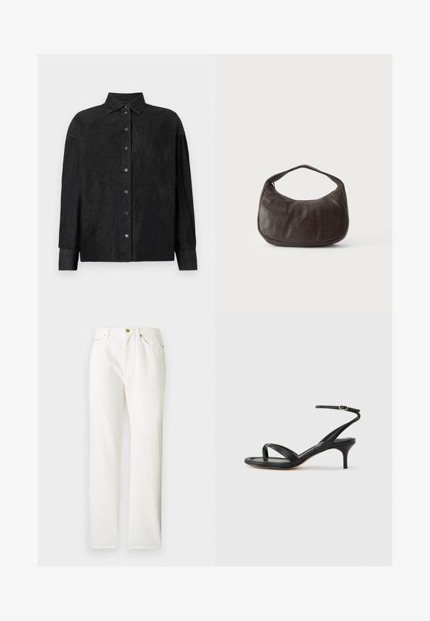 CLOSED CAPE SHIRT - Hemdbluse - mid grey; Weiße Jeanshose mit geradem Bein, ausgestattet mit einem Knopfverschluss vorne und subtiler Struktur. Enthält Seitentaschen und minimale Beschläge.; Schwarze Ledersandale für Damen mit dünnen Riemchen, einer Zehenlasche, einer Knöchelschnalle und einem mittelhohen Stöckelabsatz vor neutralem Hintergrund.; Kleine dunkelbraune strukturierte Handtasche mit kurzem Trageriemen und abgerundetem Boden auf schlichtem hellem Hintergrund.